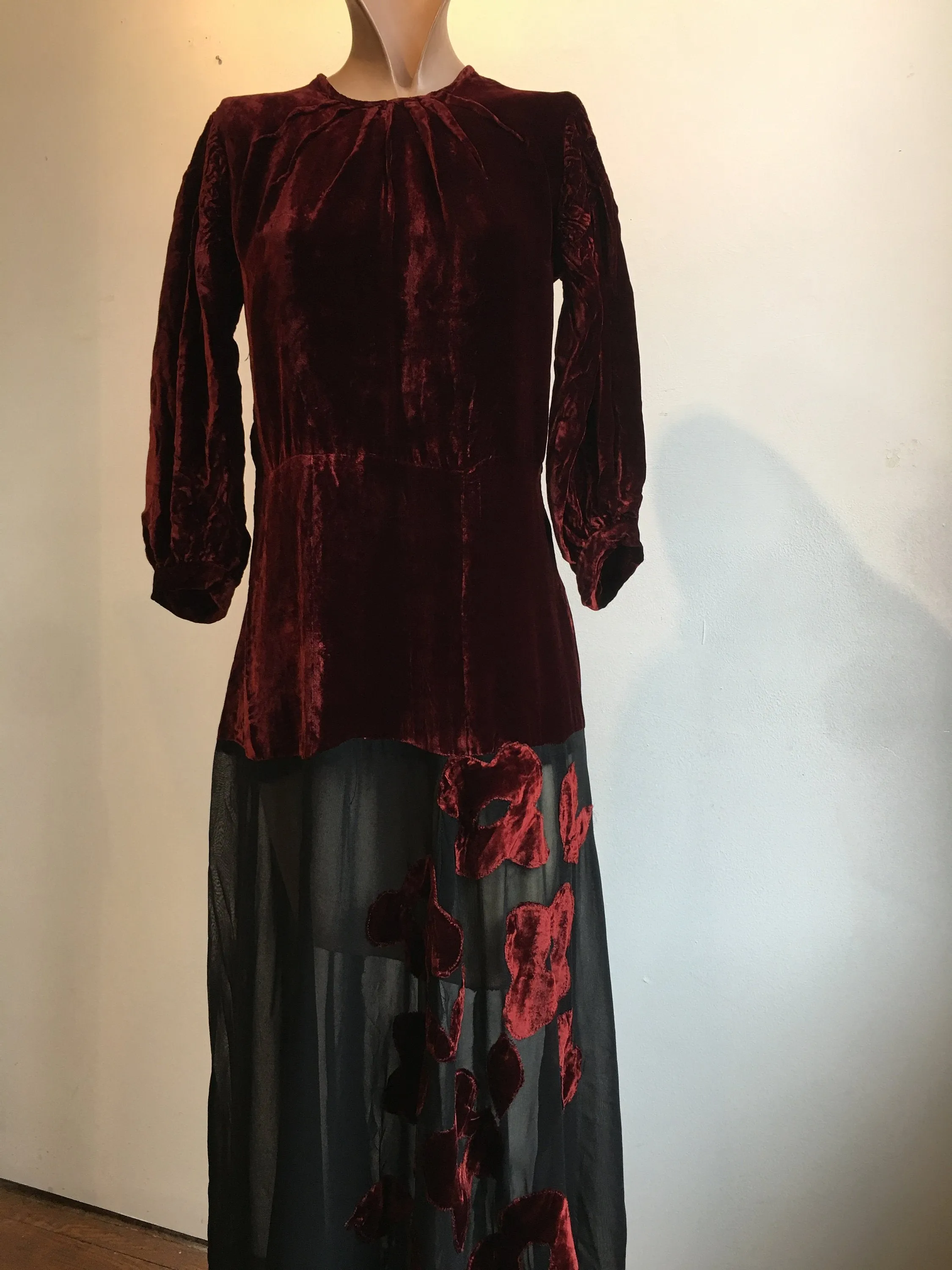 1930s Burgundy and Black Silk Velvet Gown w Floral Appliqué