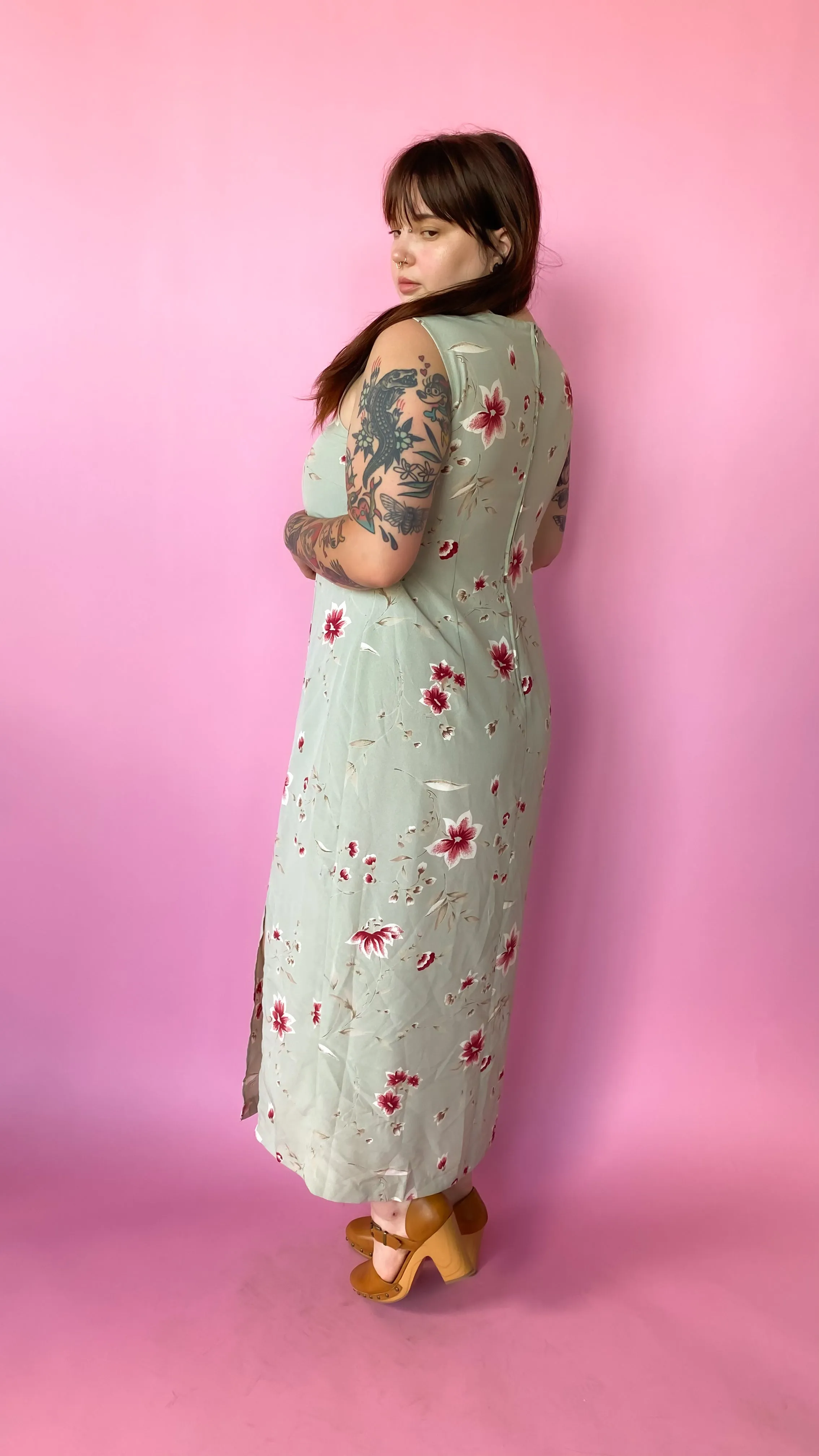 1990s Sage Green Floral Maxi Dress, sz. XL