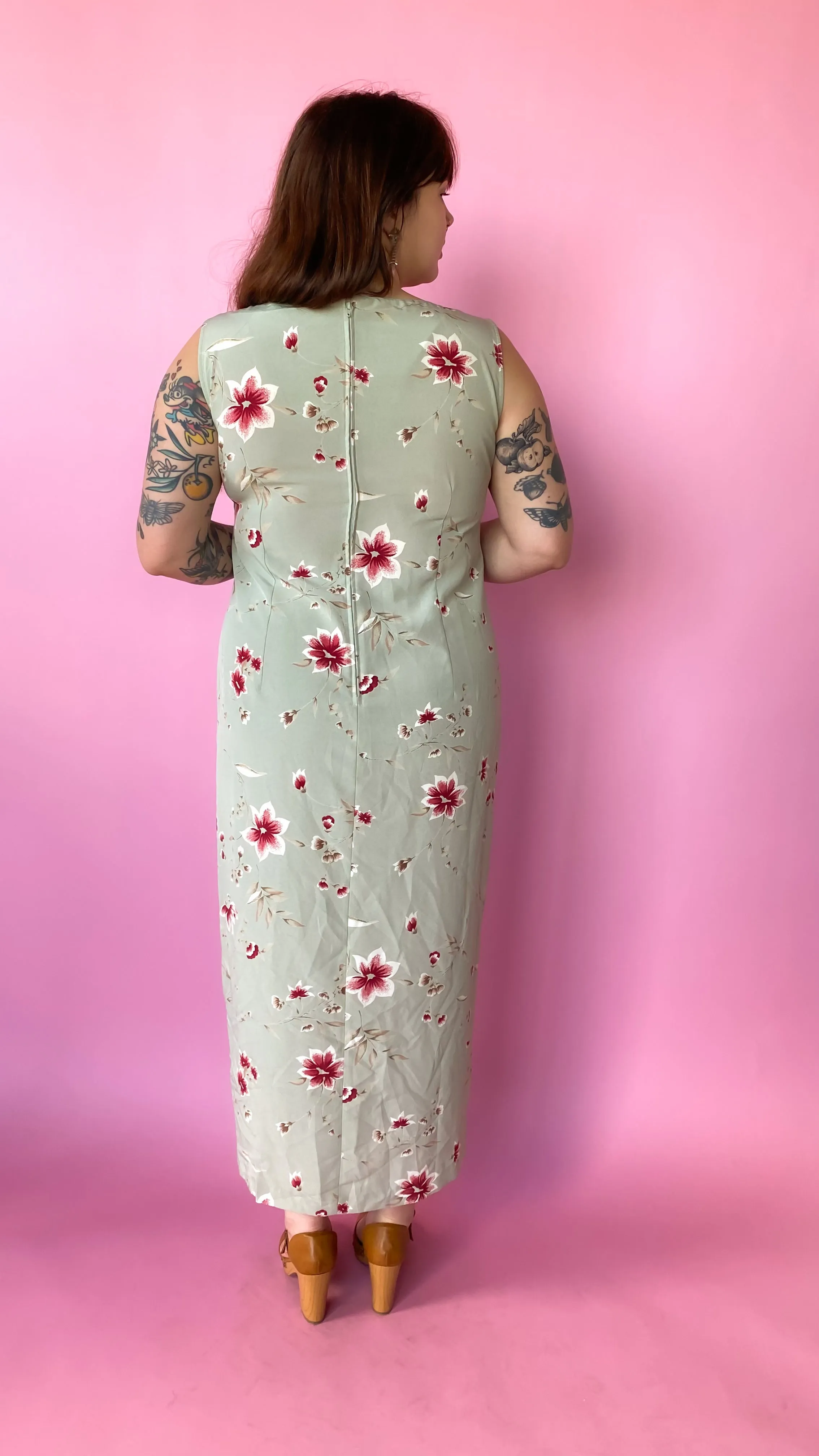 1990s Sage Green Floral Maxi Dress, sz. XL