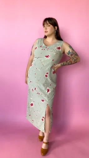 1990s Sage Green Floral Maxi Dress, sz. XL