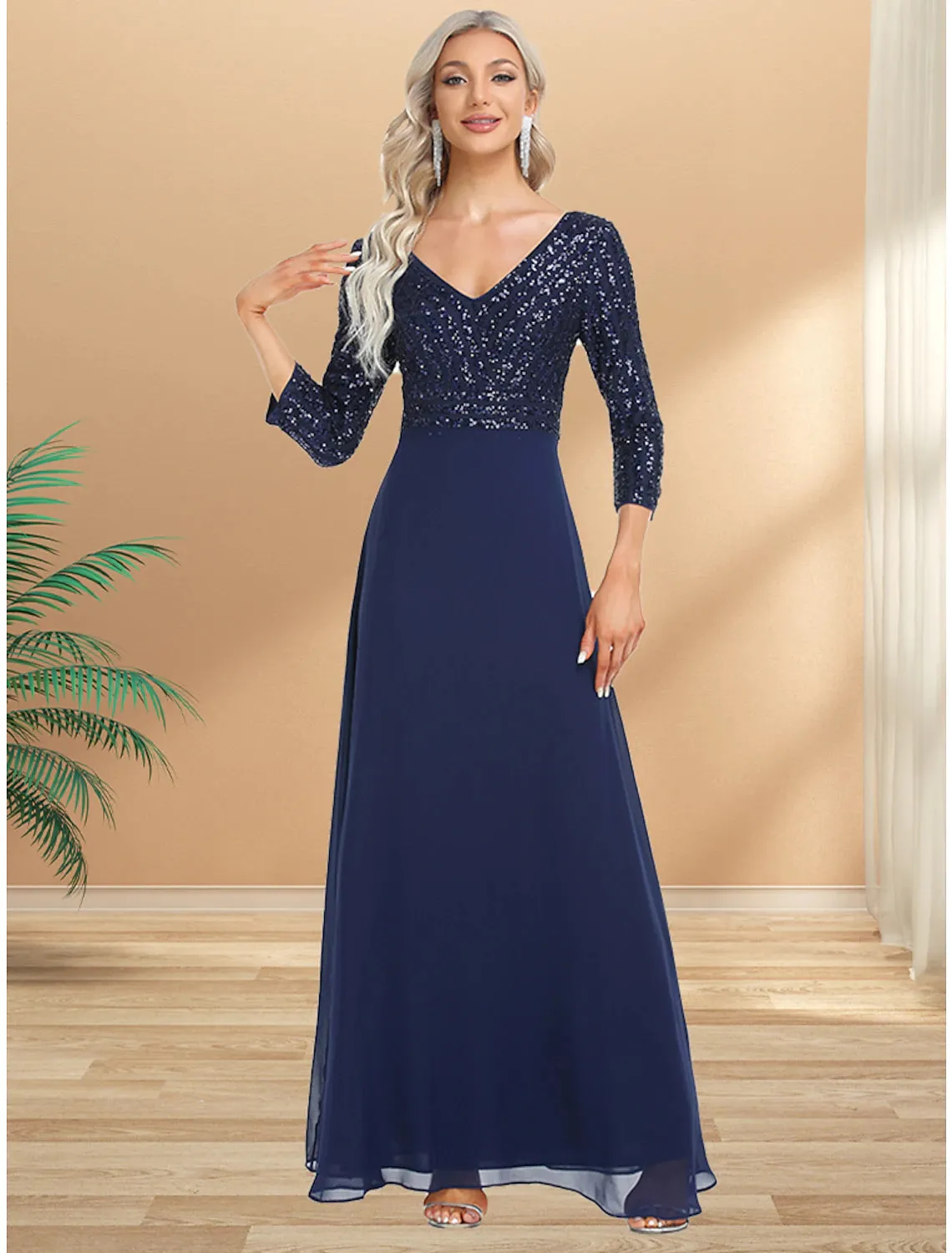 A-Line Evening Gown Plus Size Dress Wedding Guest Black Tie Floor Length 3/4 Length Sleeve V Neck Chiffon V Back with Sequin