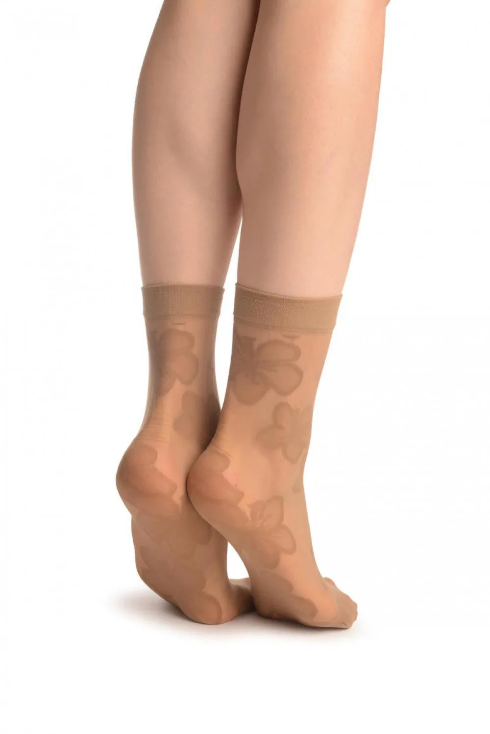 Beige Flower & Stripes Ankle High Socks