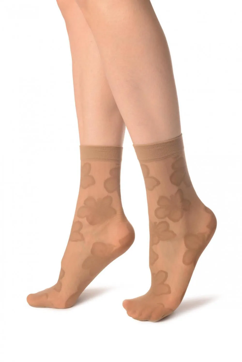 Beige Flower & Stripes Ankle High Socks