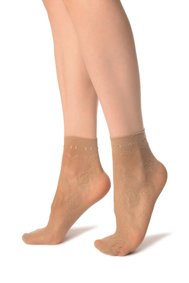 Beige Roses Lace With Comfort Top Ankle High Socks