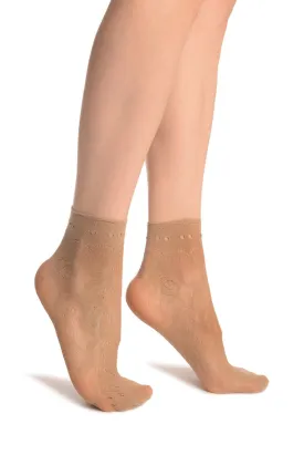 Beige Roses Lace With Comfort Top Ankle High Socks