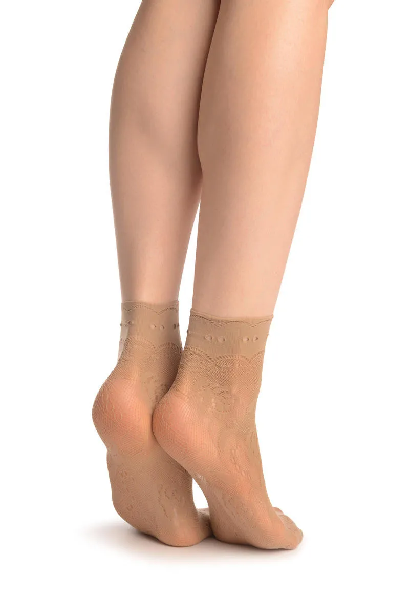 Beige Roses Lace With Comfort Top Ankle High Socks