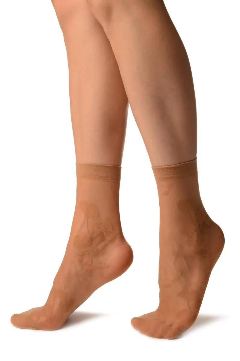 Beige With Large Poppy Flowers Ankle High Socks