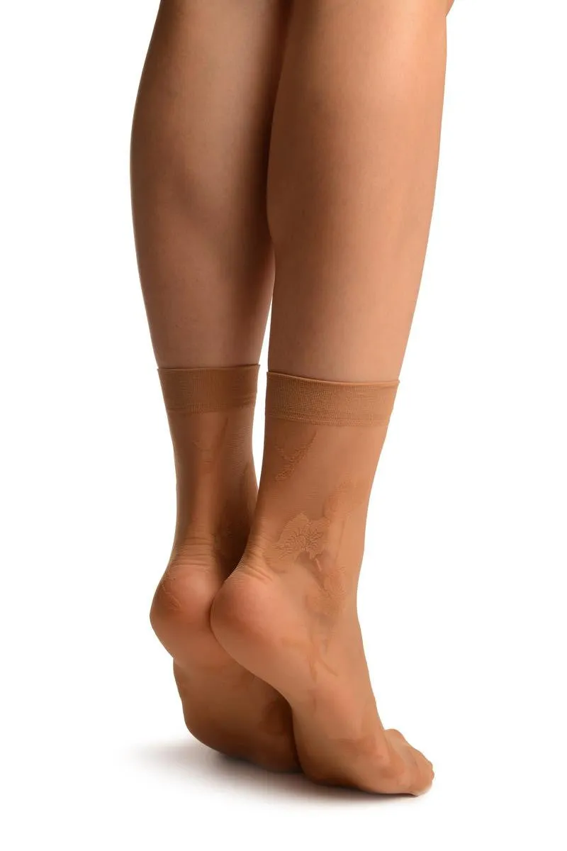 Beige With Large Poppy Flowers Ankle High Socks