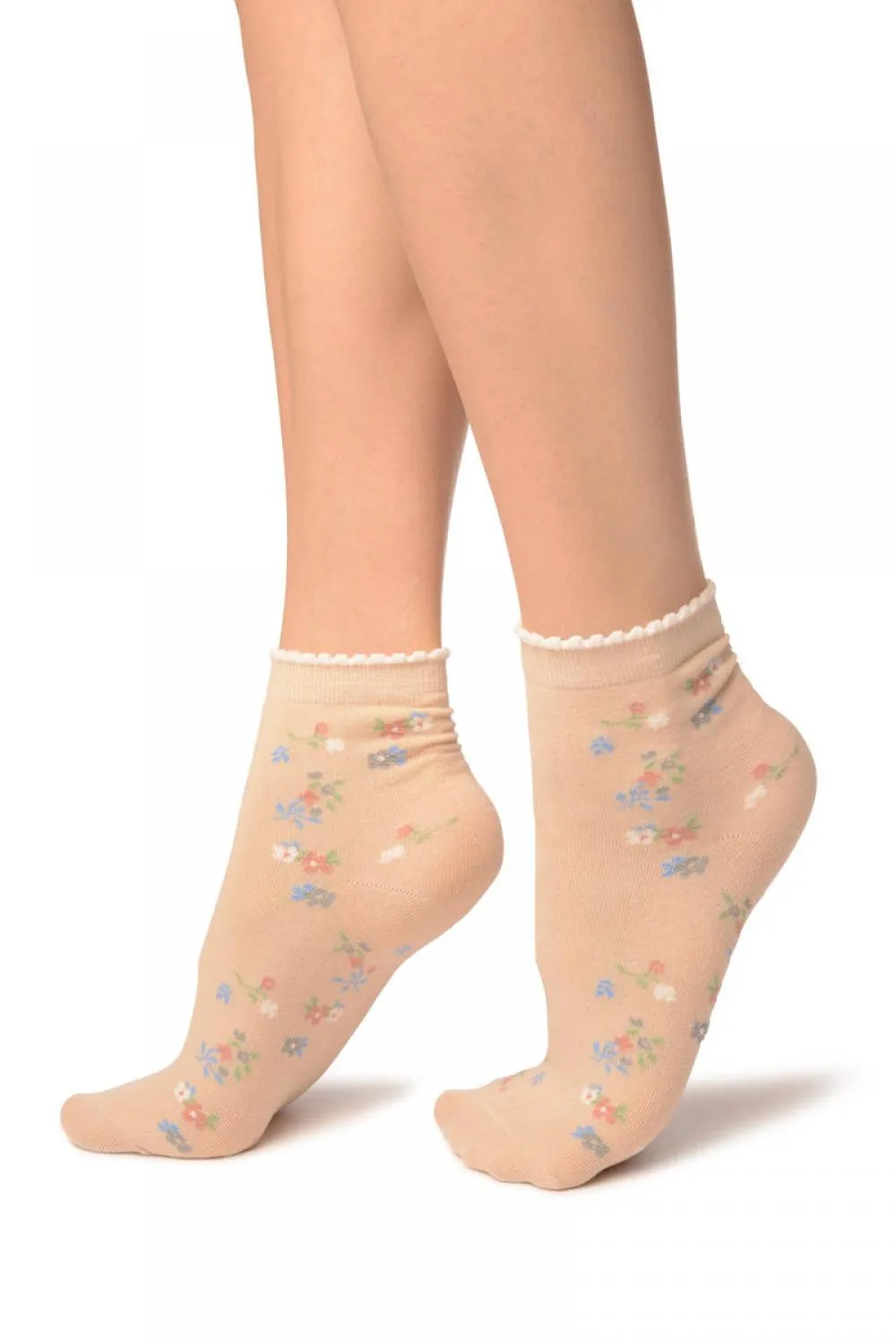 Beige With Summer Flowers Ankle High Socks