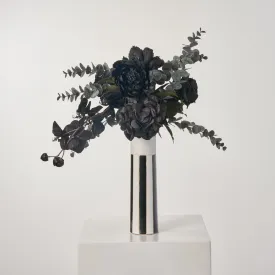 Black Beetle - Orchid, Peony & Rose in Black & White Striped Column Vase Halloween Floral Arrangement Decor