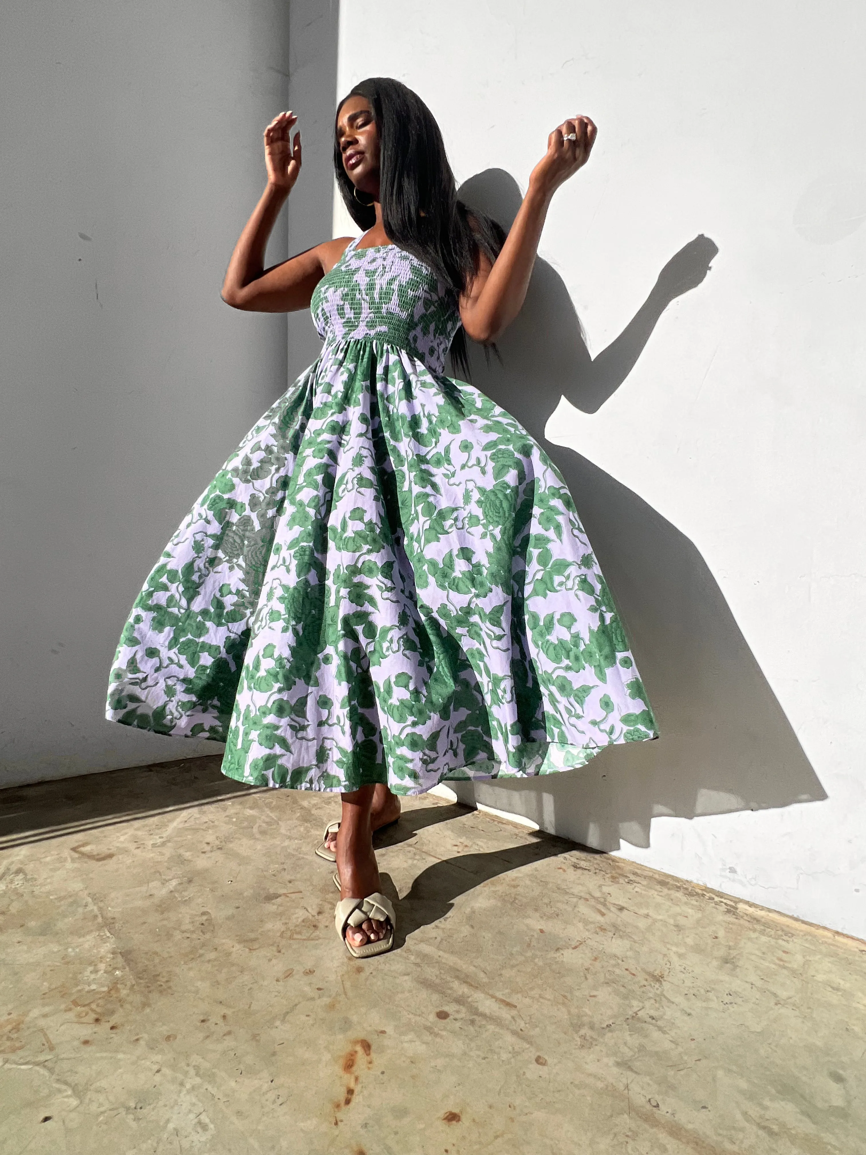 Brooke Floral Midi Sundress - Lilac and Green Floral