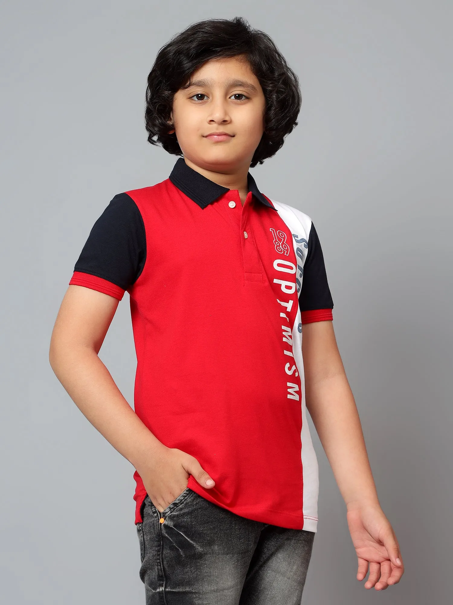 Cantabil Boy's Red Color Block Polo Neck Half Sleeve T-shirt