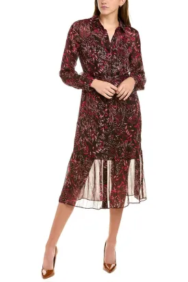 Collared Long Sleeve Barbell Cuffs Button Front Multi Print Metallic Tie Waist Chiffon Shirt Dress