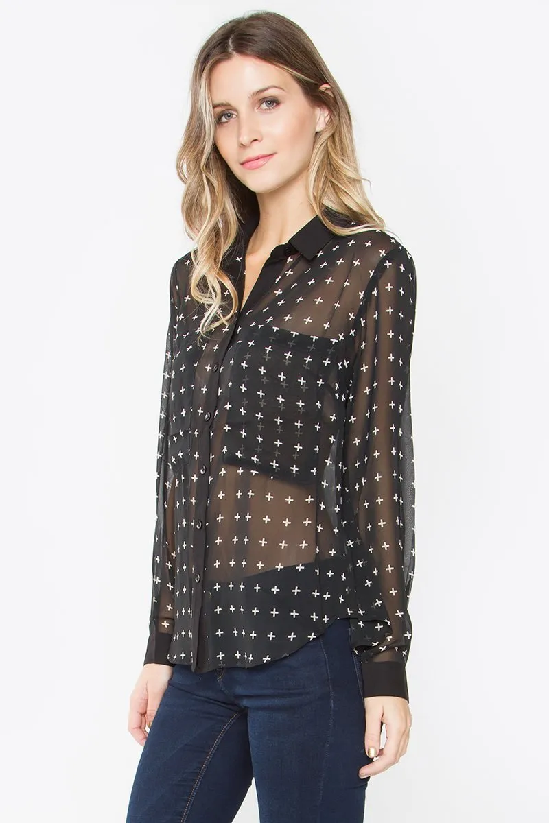 Cross Print Chiffon Shirt