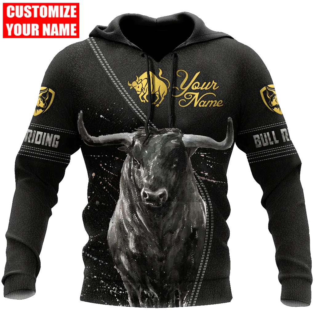 Custom Name Black Bull Riding Hoodie, Best Gift For Cowboy