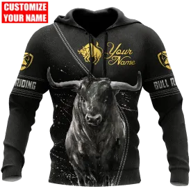 Custom Name Black Bull Riding Hoodie, Best Gift For Cowboy