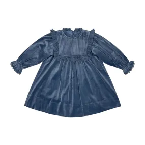 Smokey Blue Velvet Dress with Tucked Bib and Lace Detail