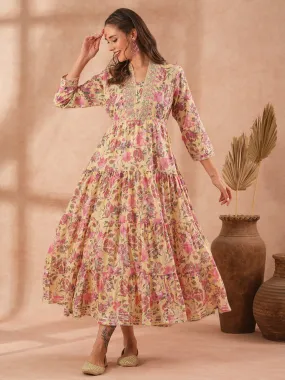 Ethnic Floral Printed & Embroidered A-Line Pleated Tiered Maxi Dress - Light Yellow
