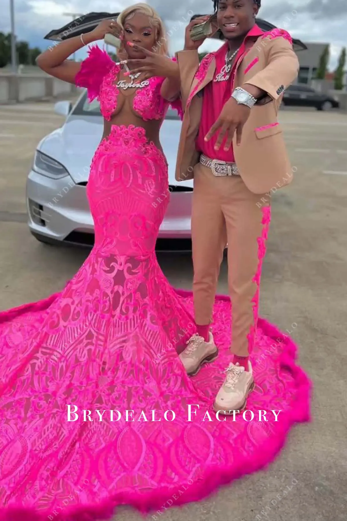 Fuchsia Sequin Long Train Mermaid Feather Shoulder Prom Dress
