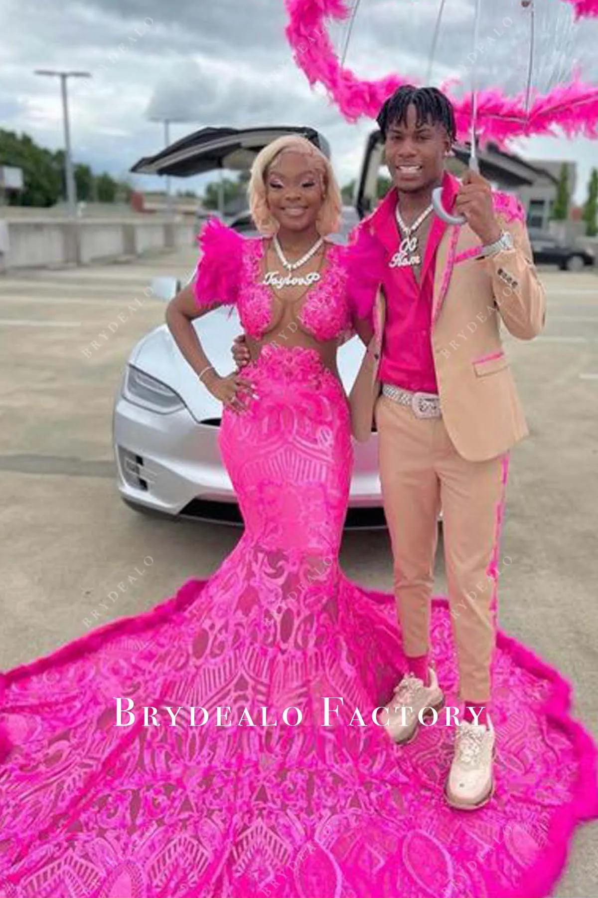 Fuchsia Sequin Long Train Mermaid Feather Shoulder Prom Dress