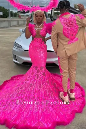 Fuchsia Sequin Long Train Mermaid Feather Shoulder Prom Dress