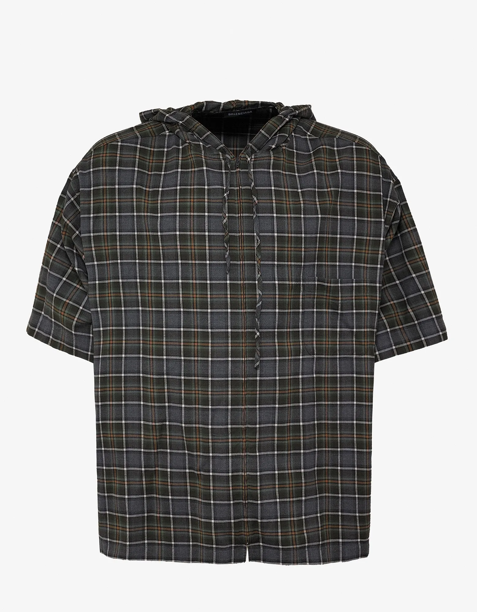 Grey Check Short Sleeve Hooded Shirt -