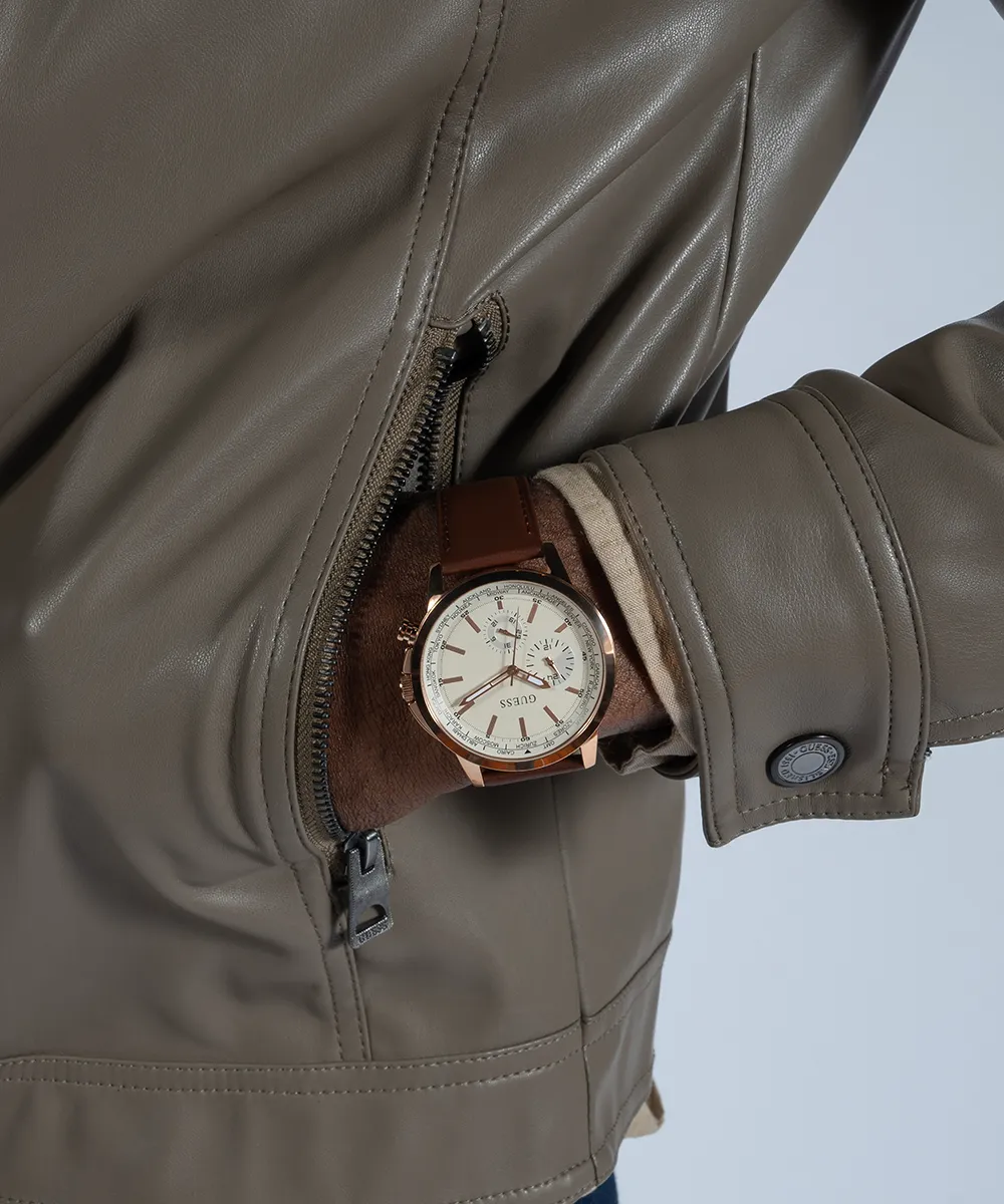 GUESS Mens Brown Rose Gold Tone Multi-function Watch