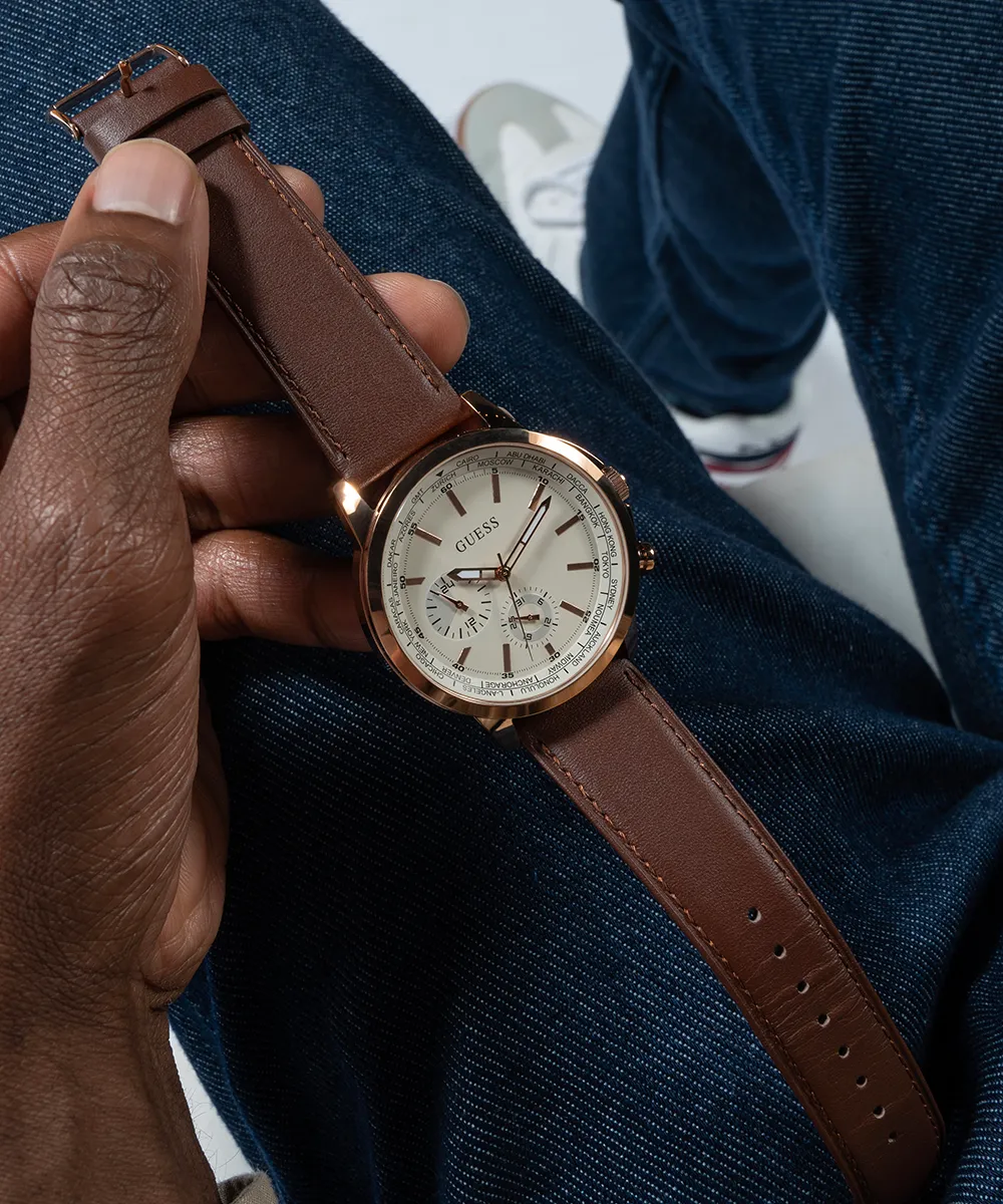 GUESS Mens Brown Rose Gold Tone Multi-function Watch