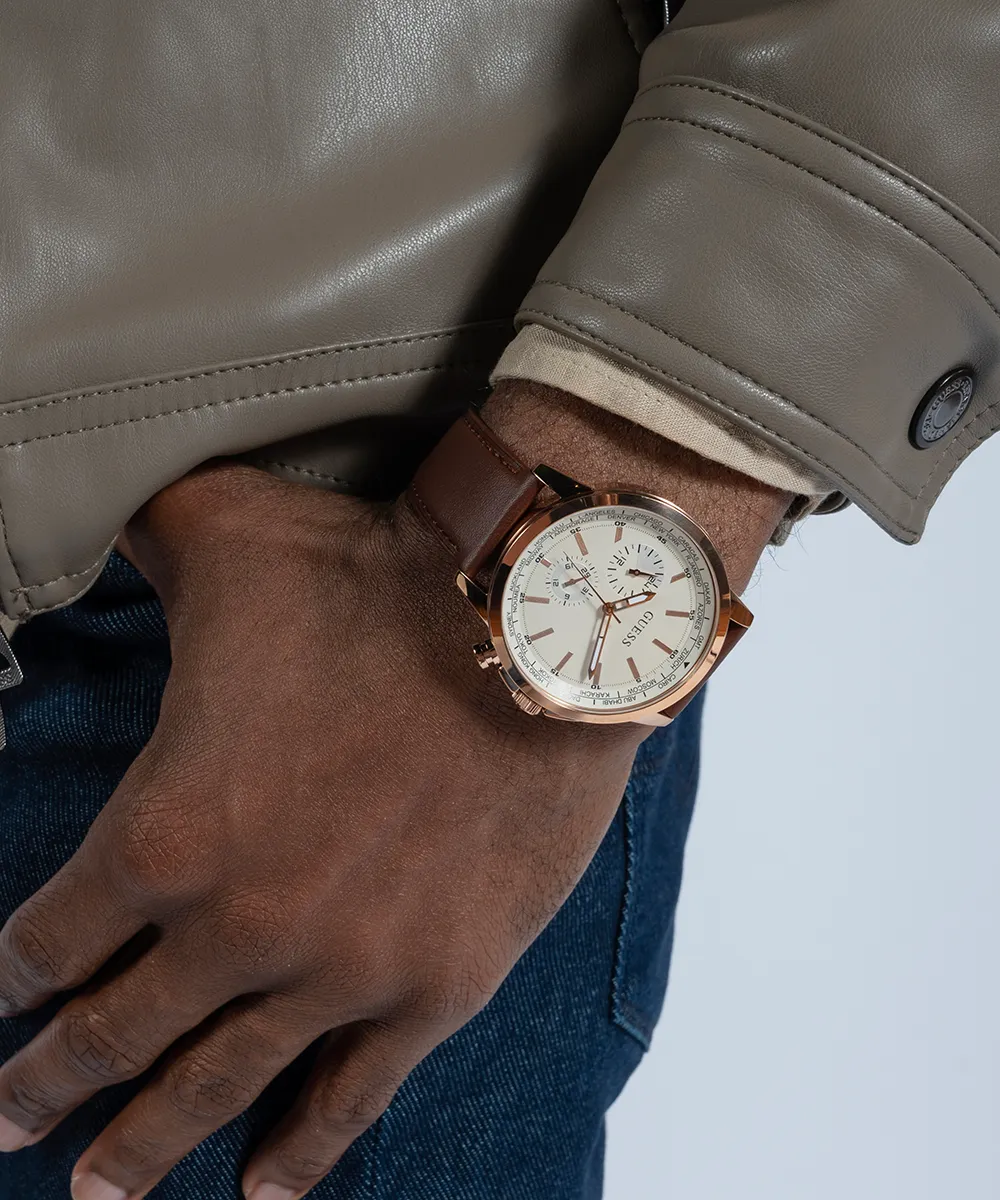 GUESS Mens Brown Rose Gold Tone Multi-function Watch