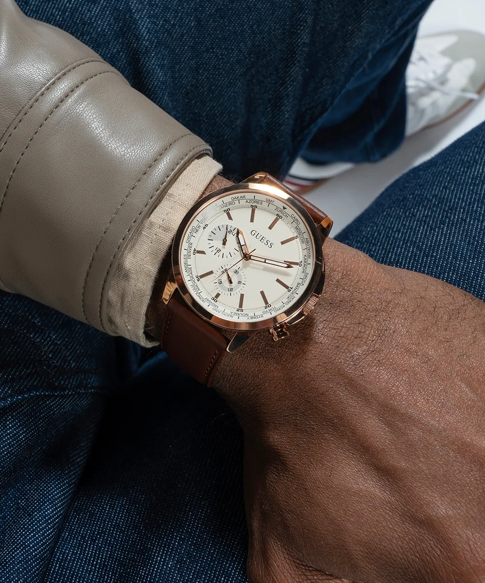 GUESS Mens Brown Rose Gold Tone Multi-function Watch