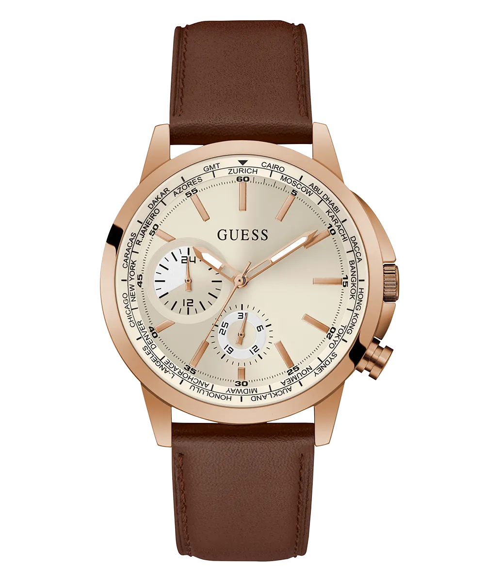 GUESS Mens Brown Rose Gold Tone Multi-function Watch