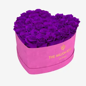 Heart Hot Pink Suede Box | Bright Purple Roses