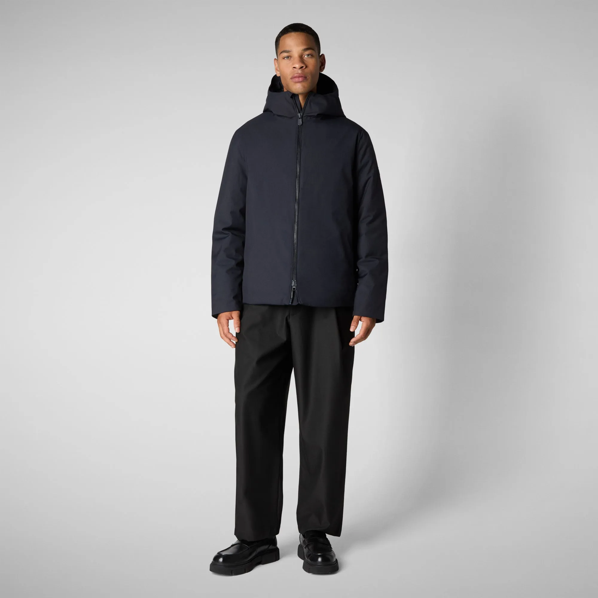 Mens Barnaby Hooded Puffer Jacket - Animal-Free, Blue Black