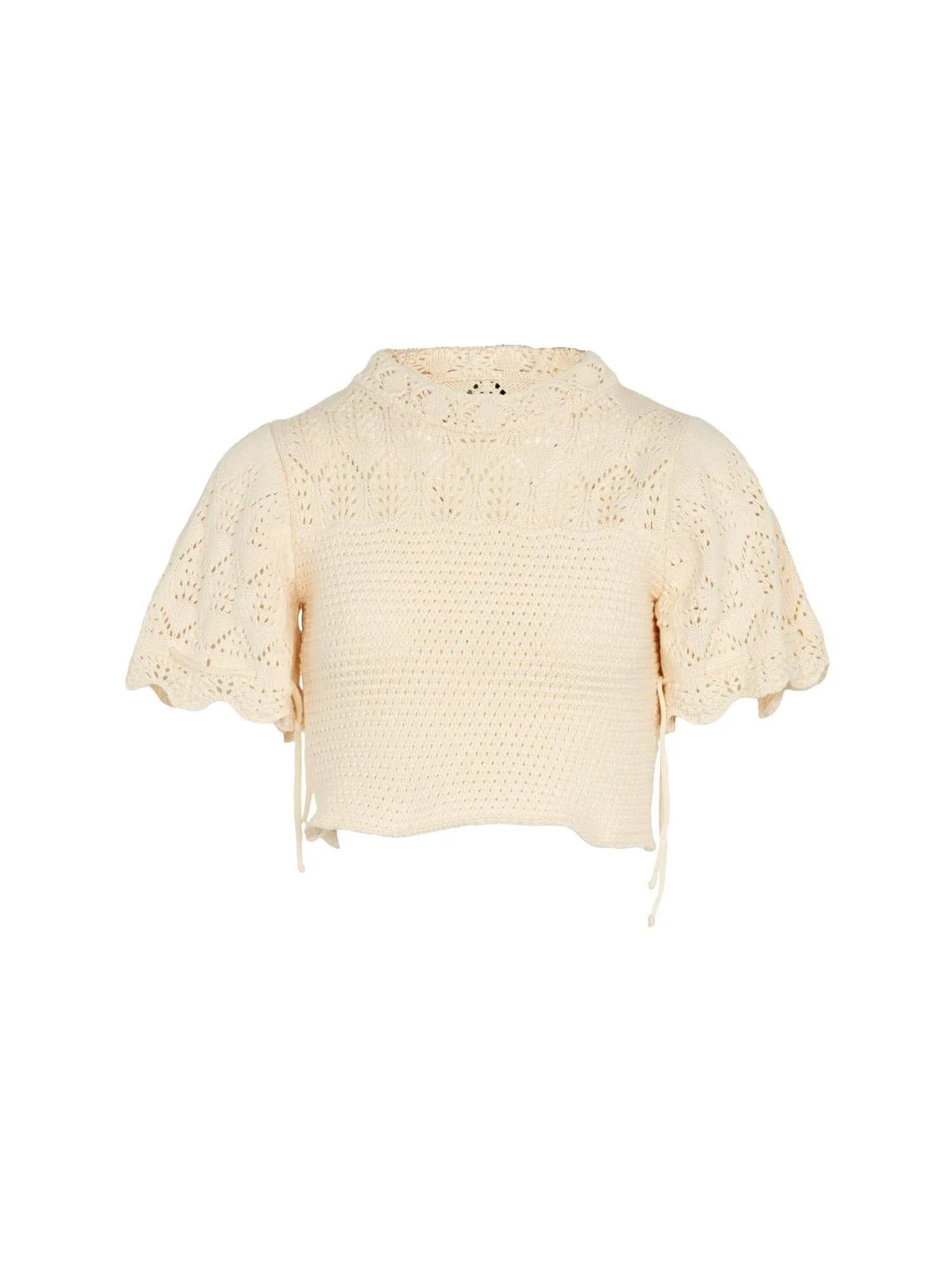 MARCELLE - Top cropped manches courtes et col rond en maille ajourée Oeko-Tex Ecru