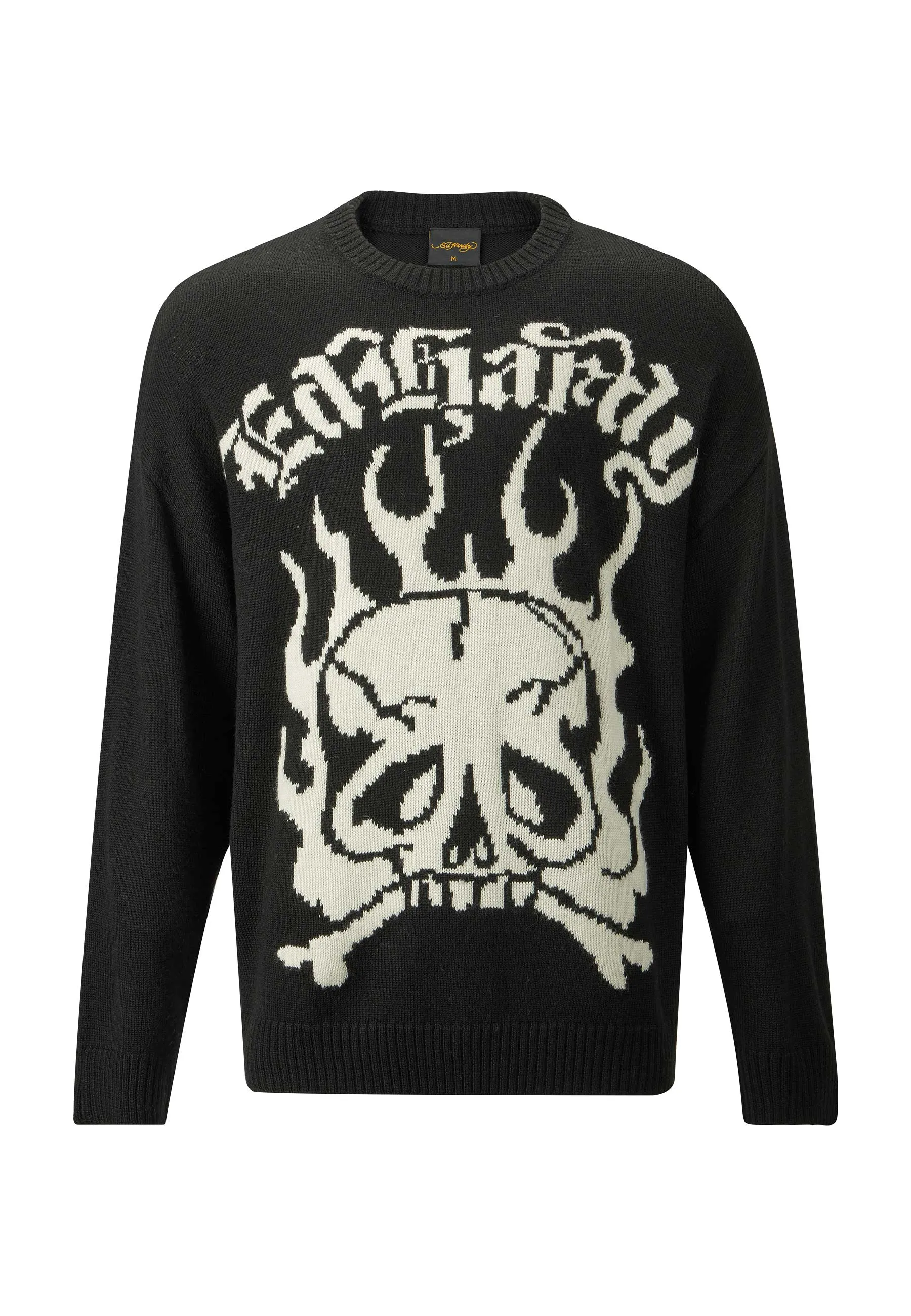 Mens Skull In Flames Jaquard Knitted Jumper - Black/Off White