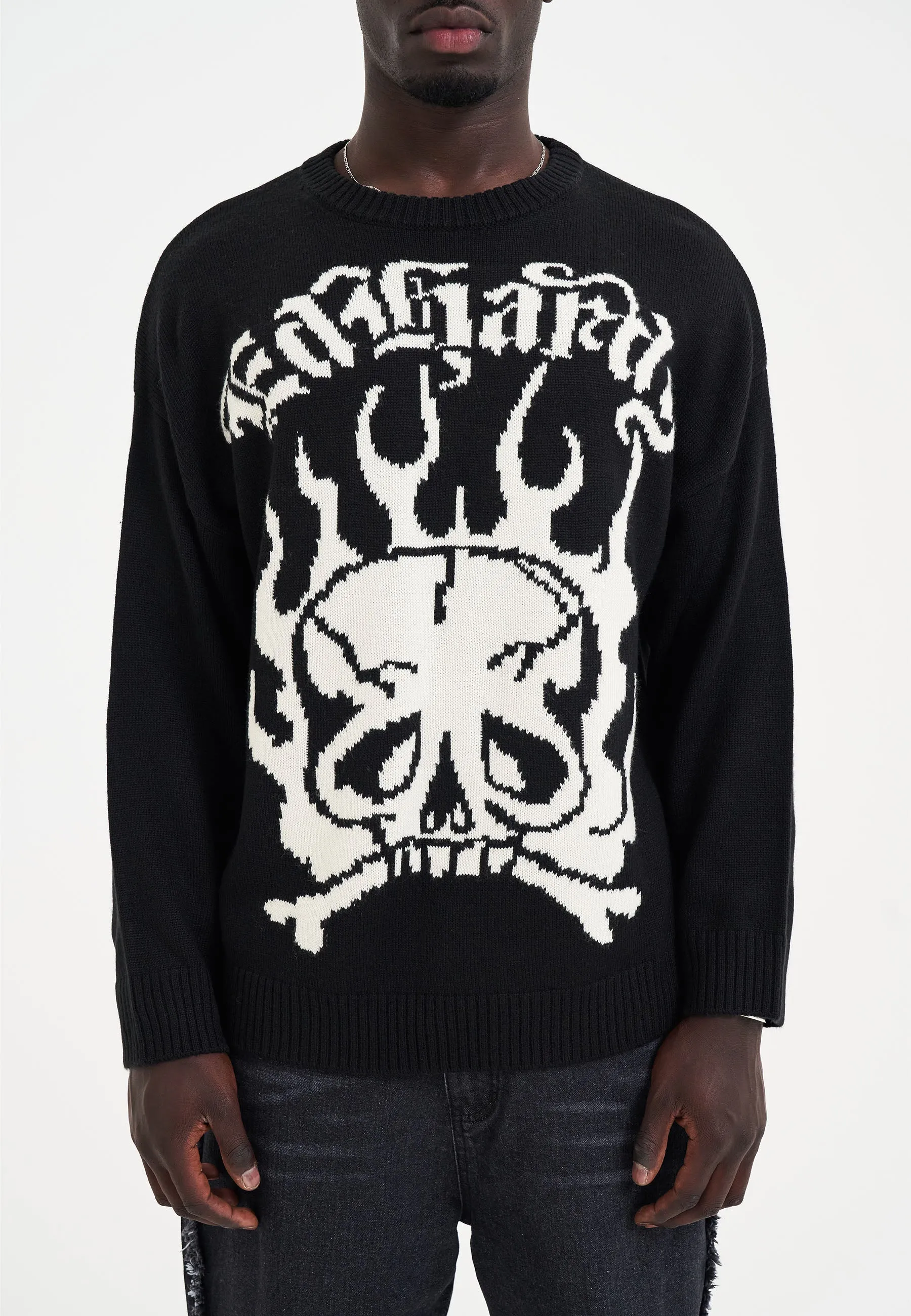 Mens Skull In Flames Jaquard Knitted Jumper - Black/Off White