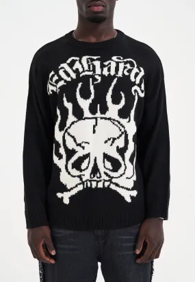 Mens Skull In Flames Jaquard Knitted Jumper - Black/Off White
