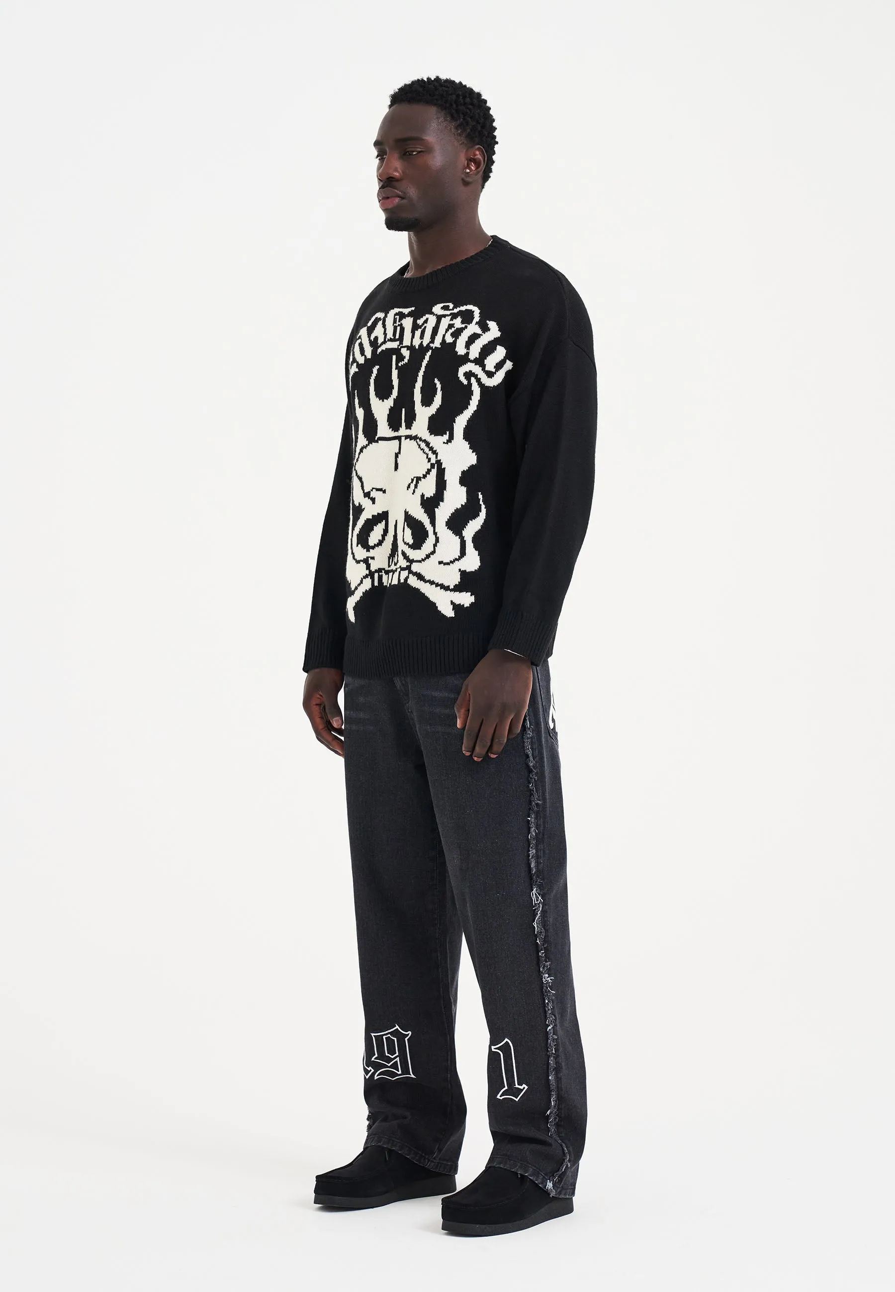 Mens Skull In Flames Jaquard Knitted Jumper - Black/Off White