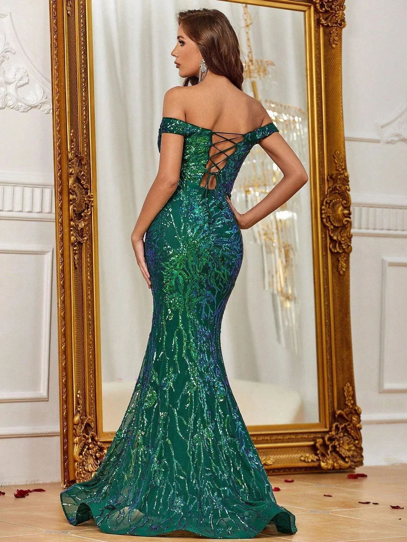 Off Shoulder Back Lace Up Sequin Mermaid Dress
