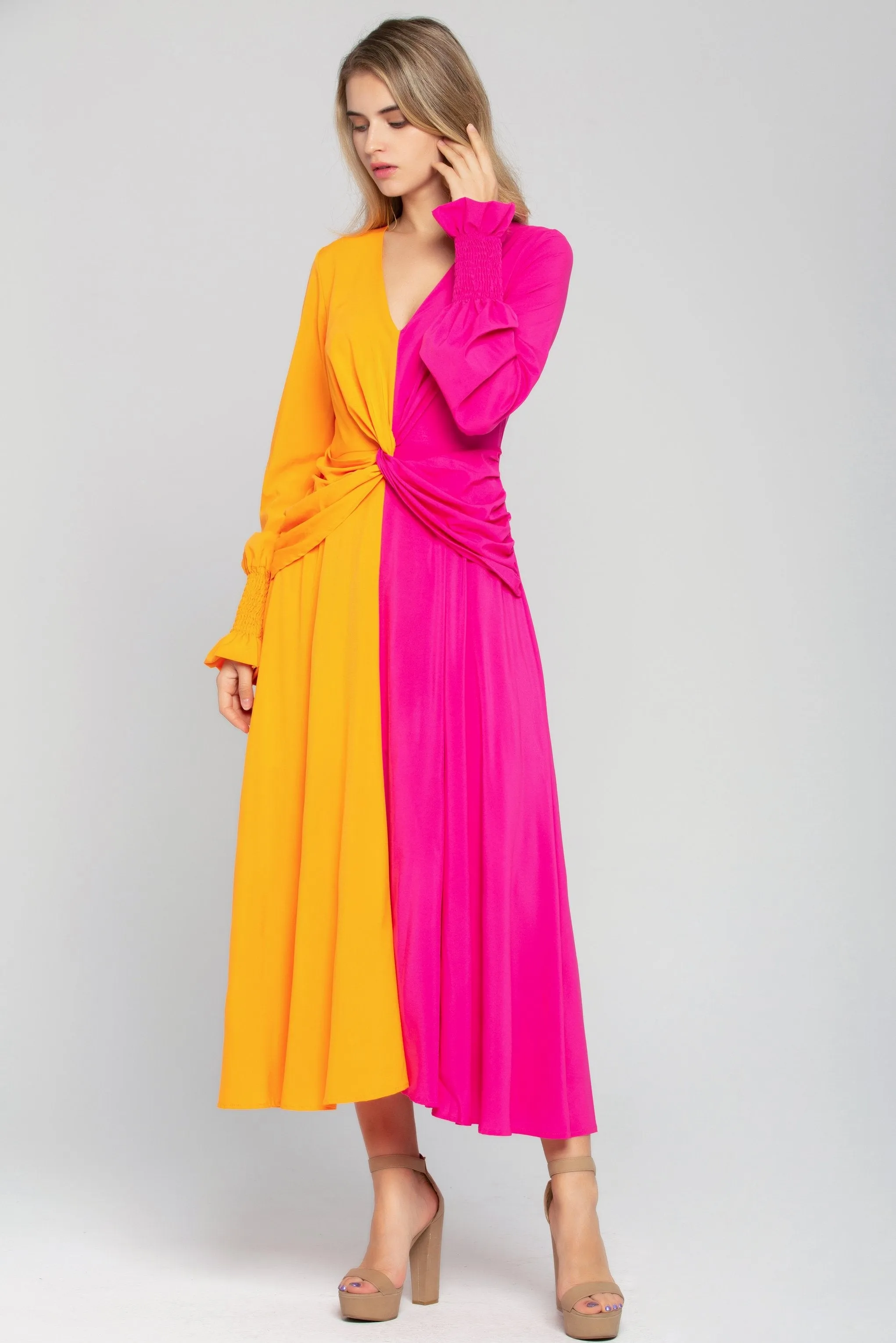 Orange and Pink Cinched Maxi Dress