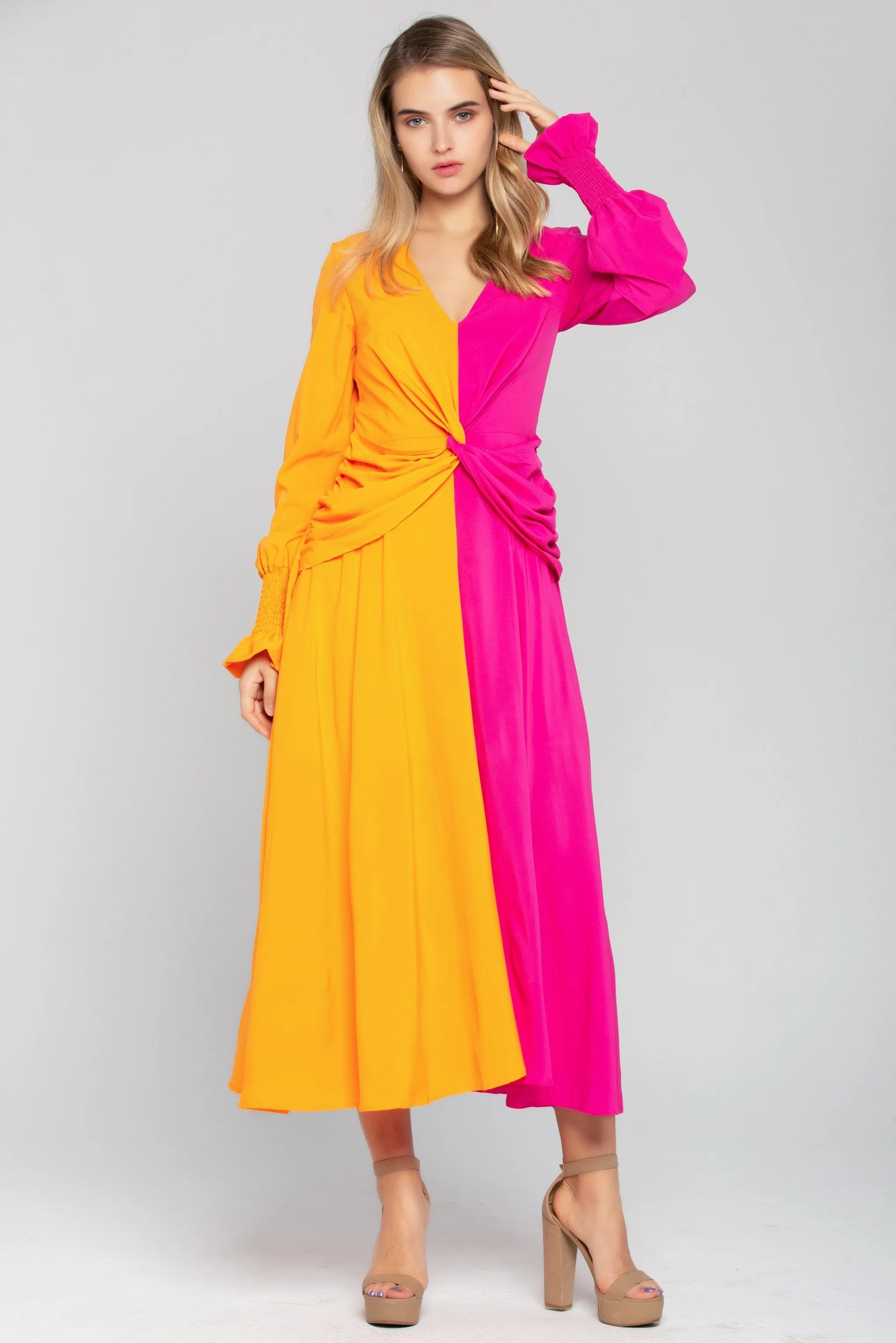 Orange and Pink Cinched Maxi Dress