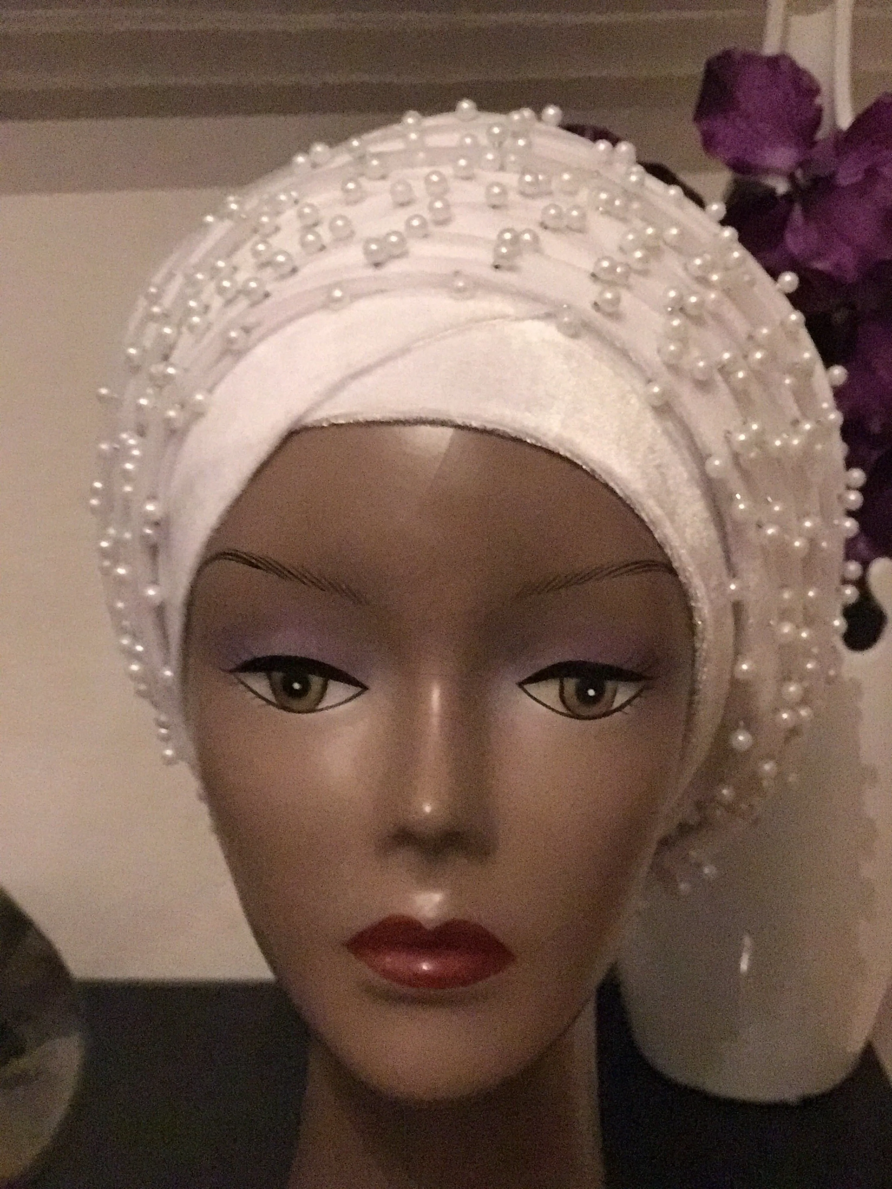 Pearl Beaded Velvet Turban Head Wrap - Extra Large