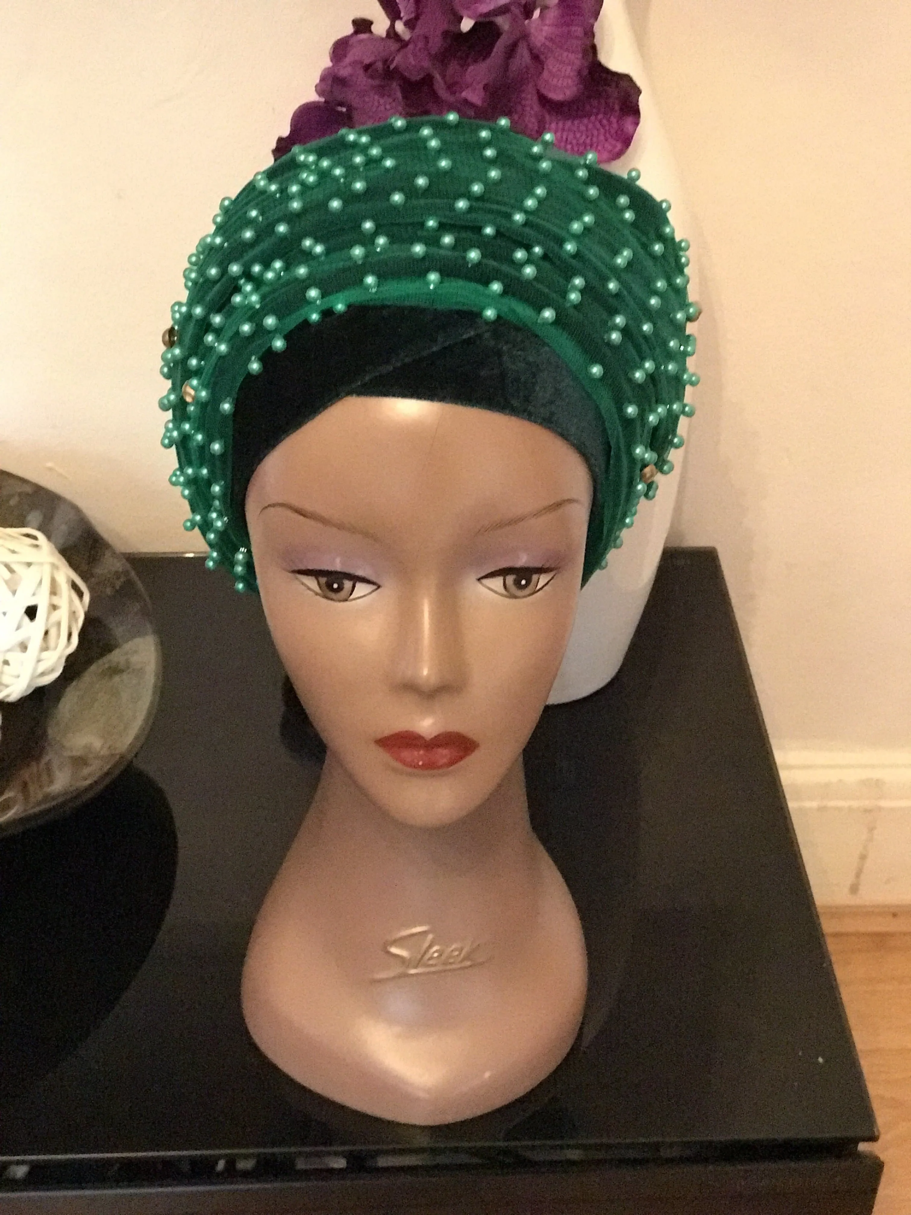 Pearl Beaded Velvet Turban Head Wrap - Extra Large