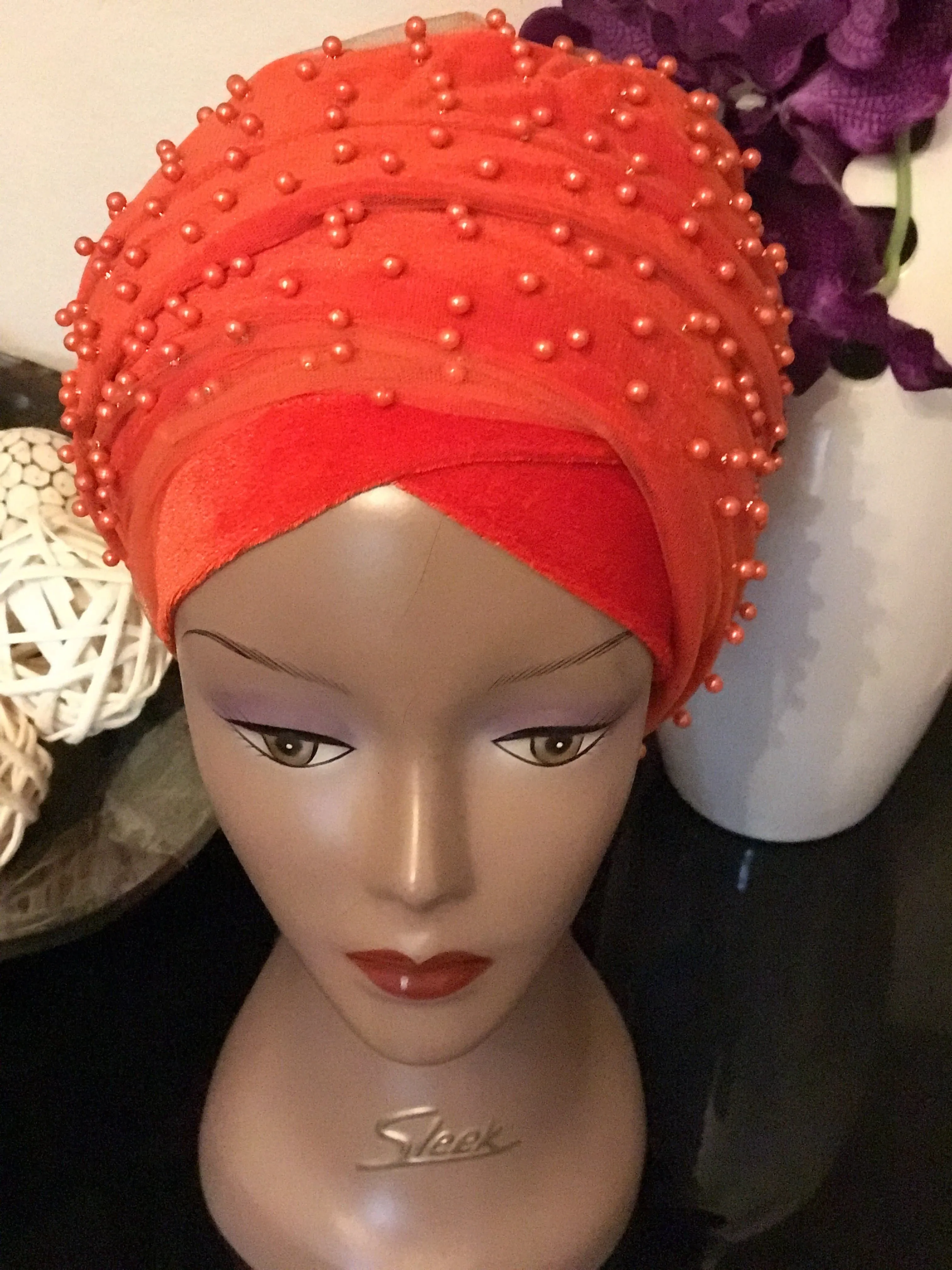 Pearl Beaded Velvet Turban Head Wrap - Extra Large