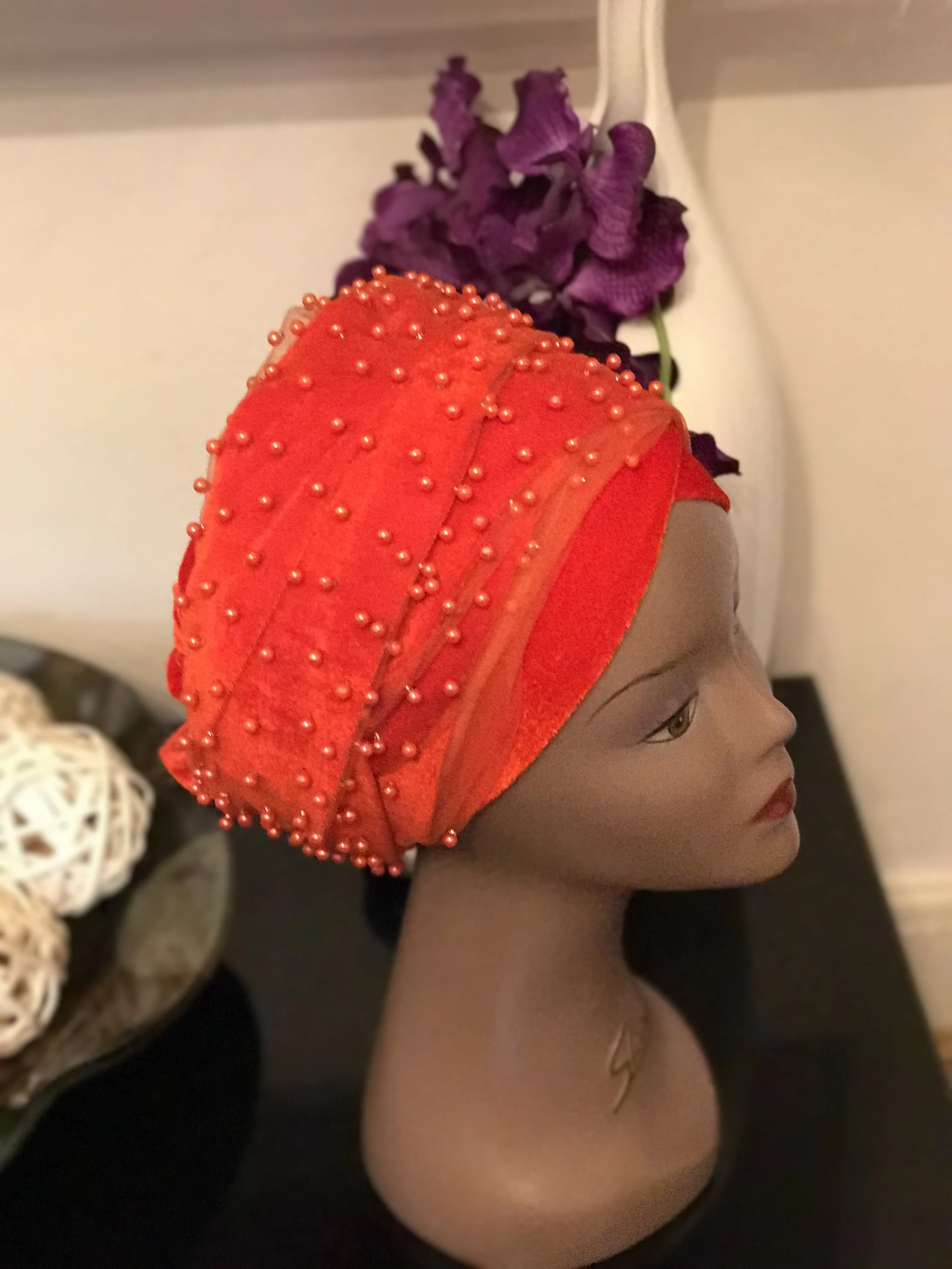 Pearl Beaded Velvet Turban Head Wrap - Extra Large