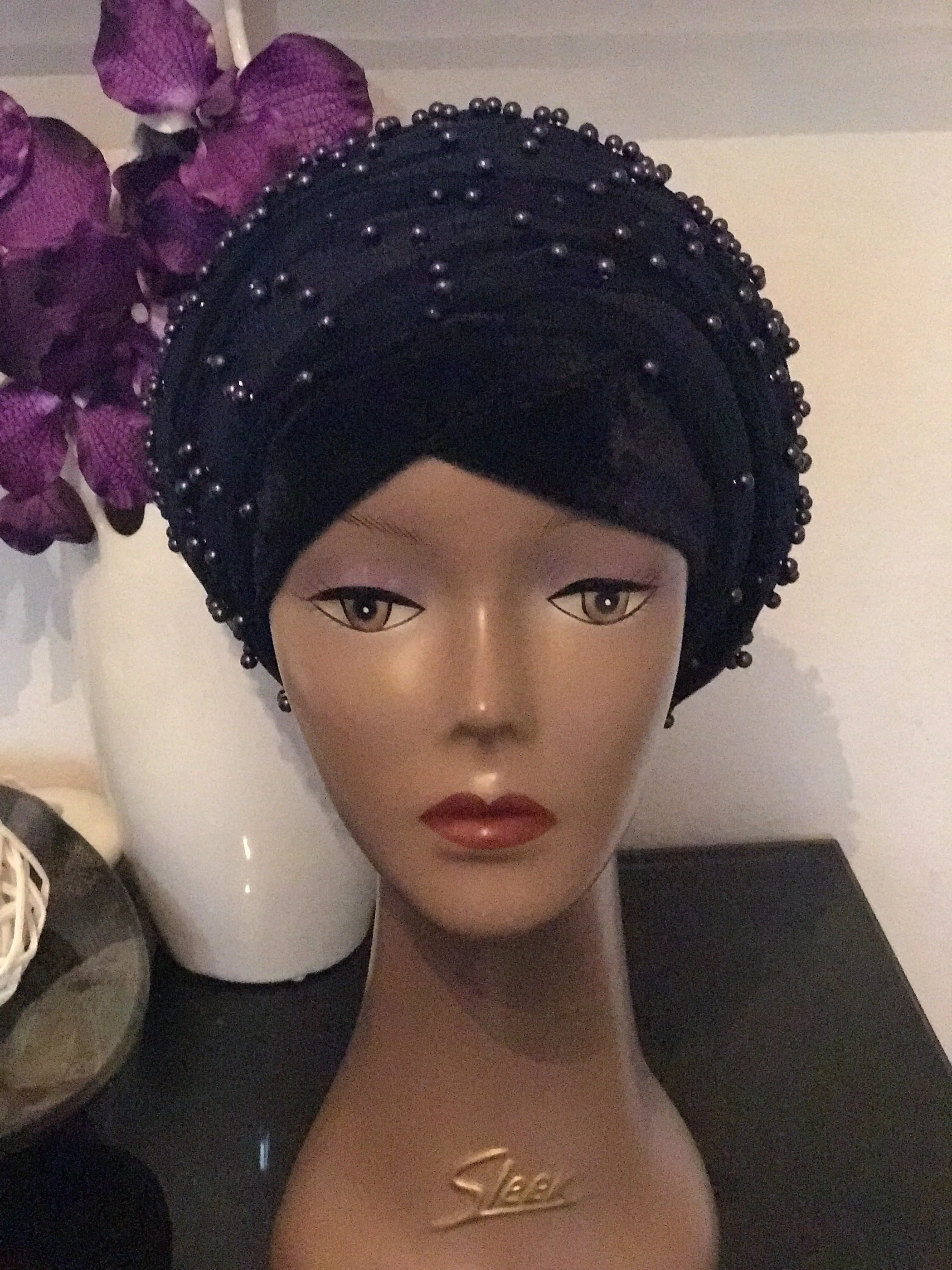 Pearl Beaded Velvet Turban Head Wrap - Extra Large