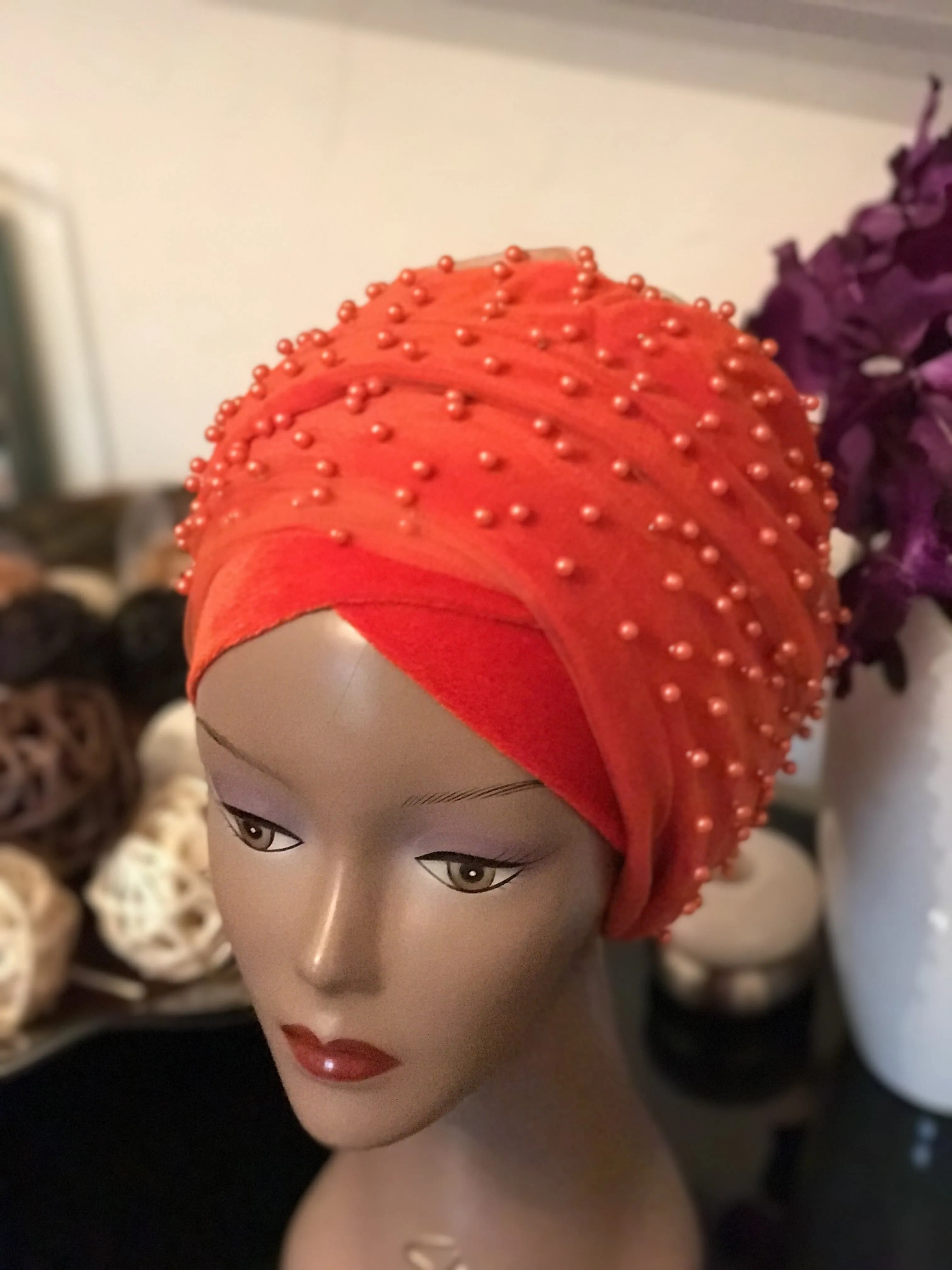 Pearl Beaded Velvet Turban Head Wrap - Extra Large