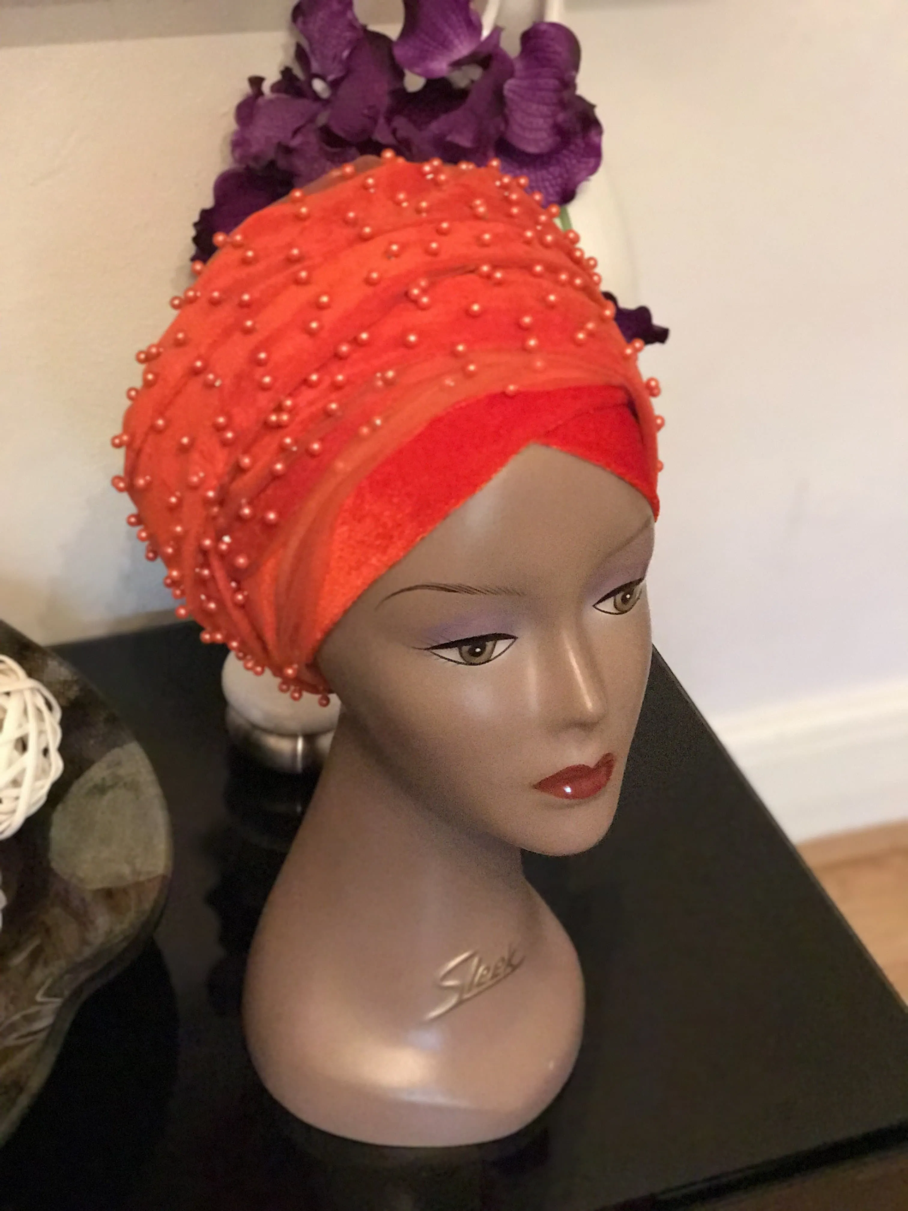 Pearl Beaded Velvet Turban Head Wrap - Extra Large