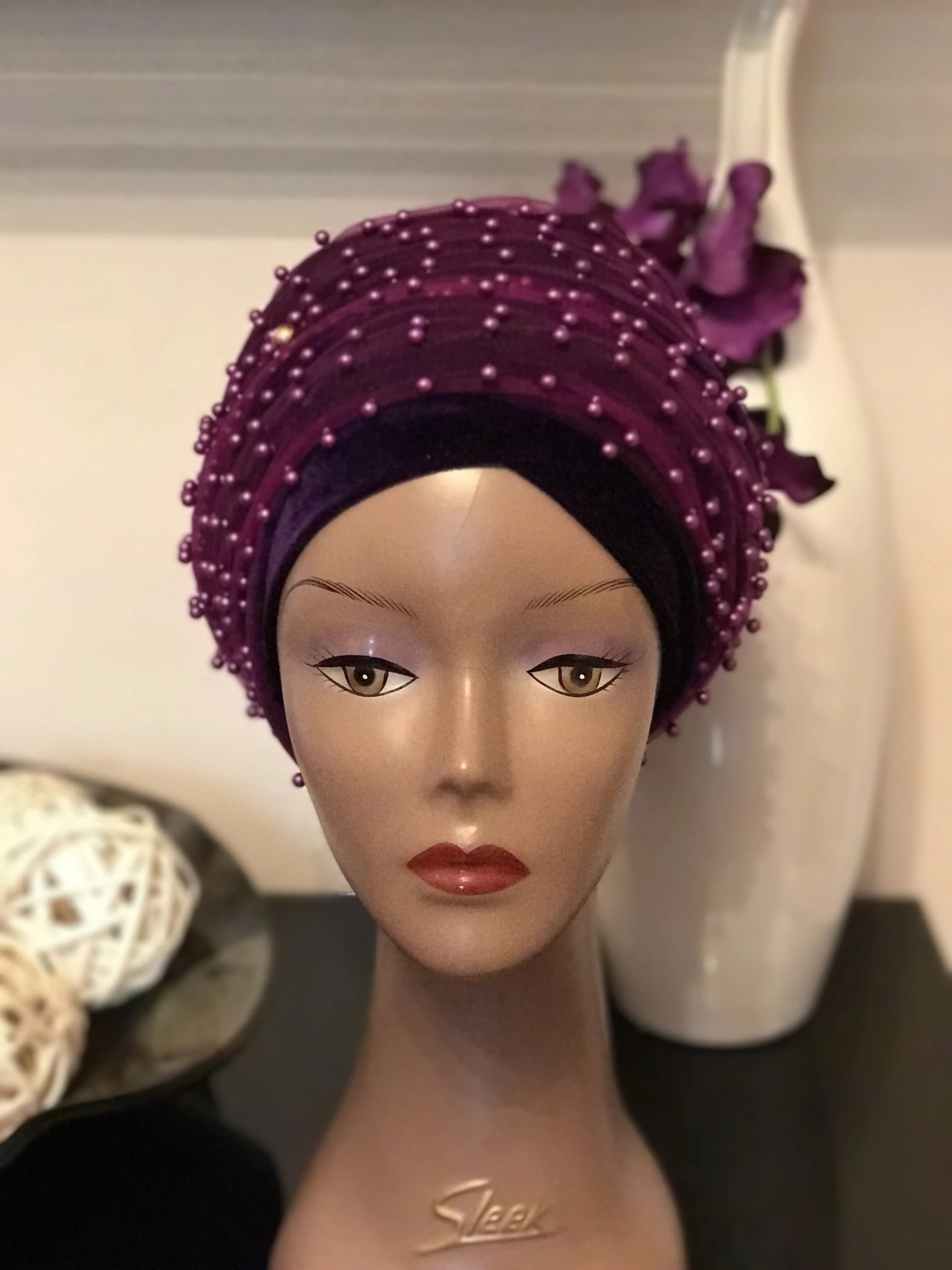 Pearl Beaded Velvet Turban Head Wrap - Extra Large