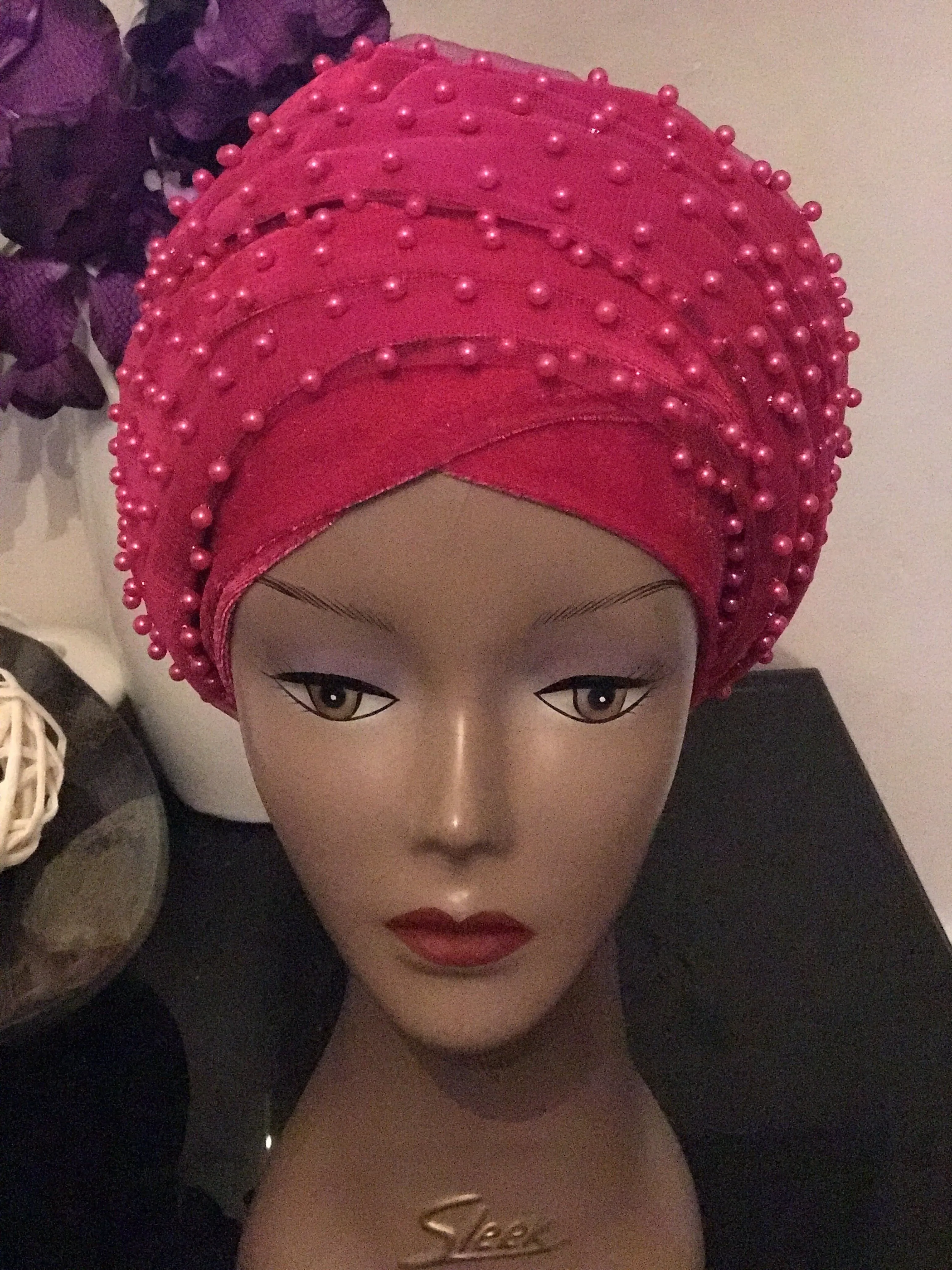 Pearl Beaded Velvet Turban Head Wrap - Extra Large